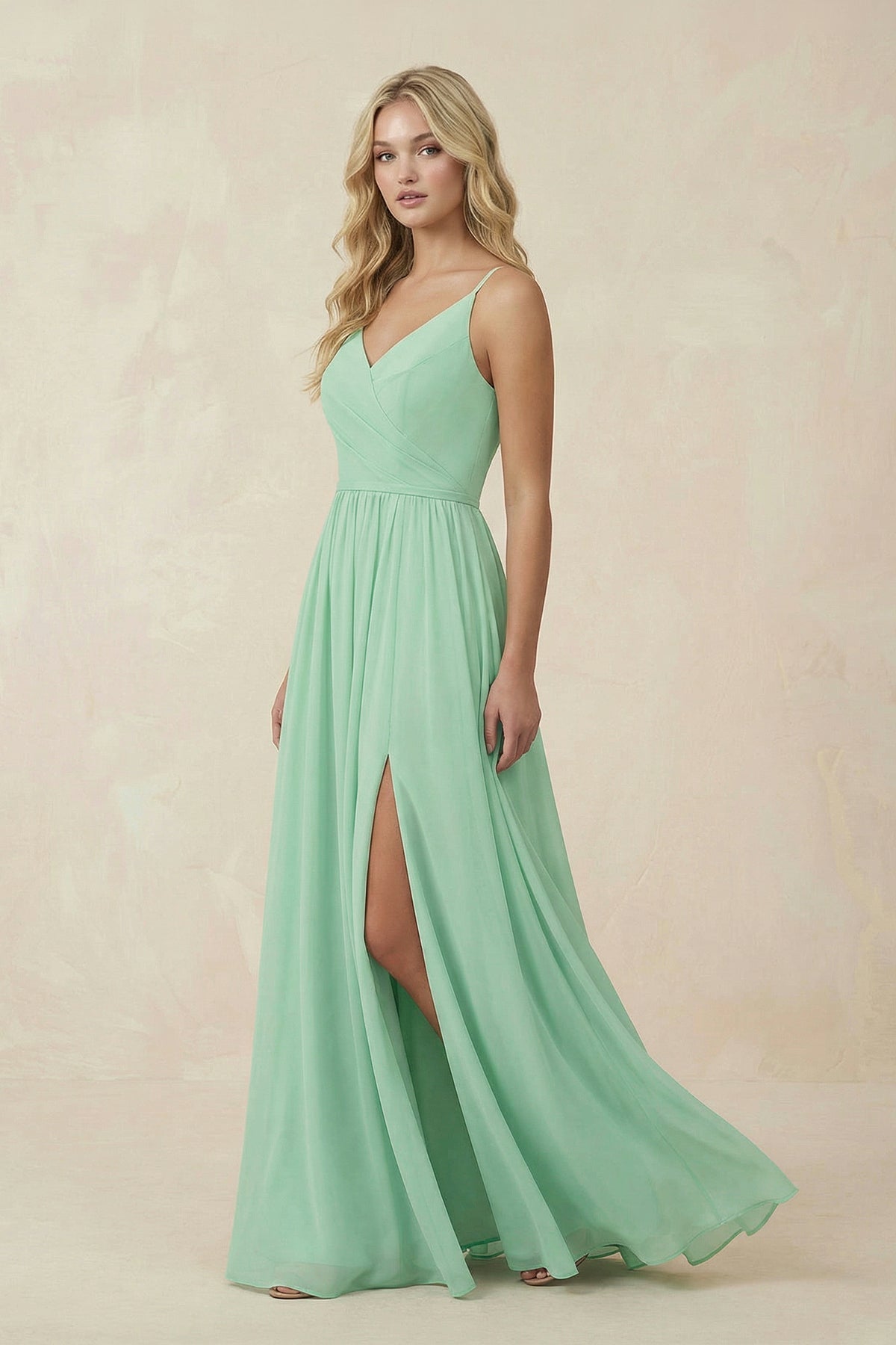 V-Neck Spaghetti Strap A-Line Chiffon Bridesmaid Dress in Pale Pistachio