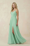 V-Neck Spaghetti Strap A-Line Chiffon Bridesmaid Dress in Pale Pistachio