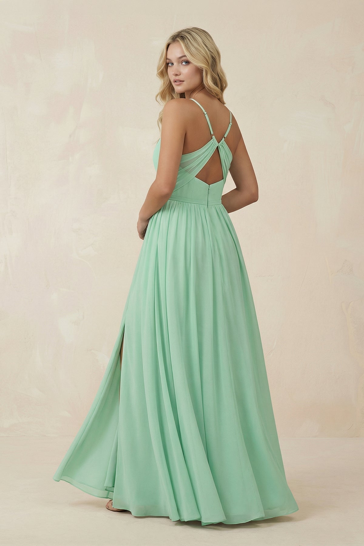 V-Neck Spaghetti Strap A-Line Chiffon Bridesmaid Dress in Pale Pistachio