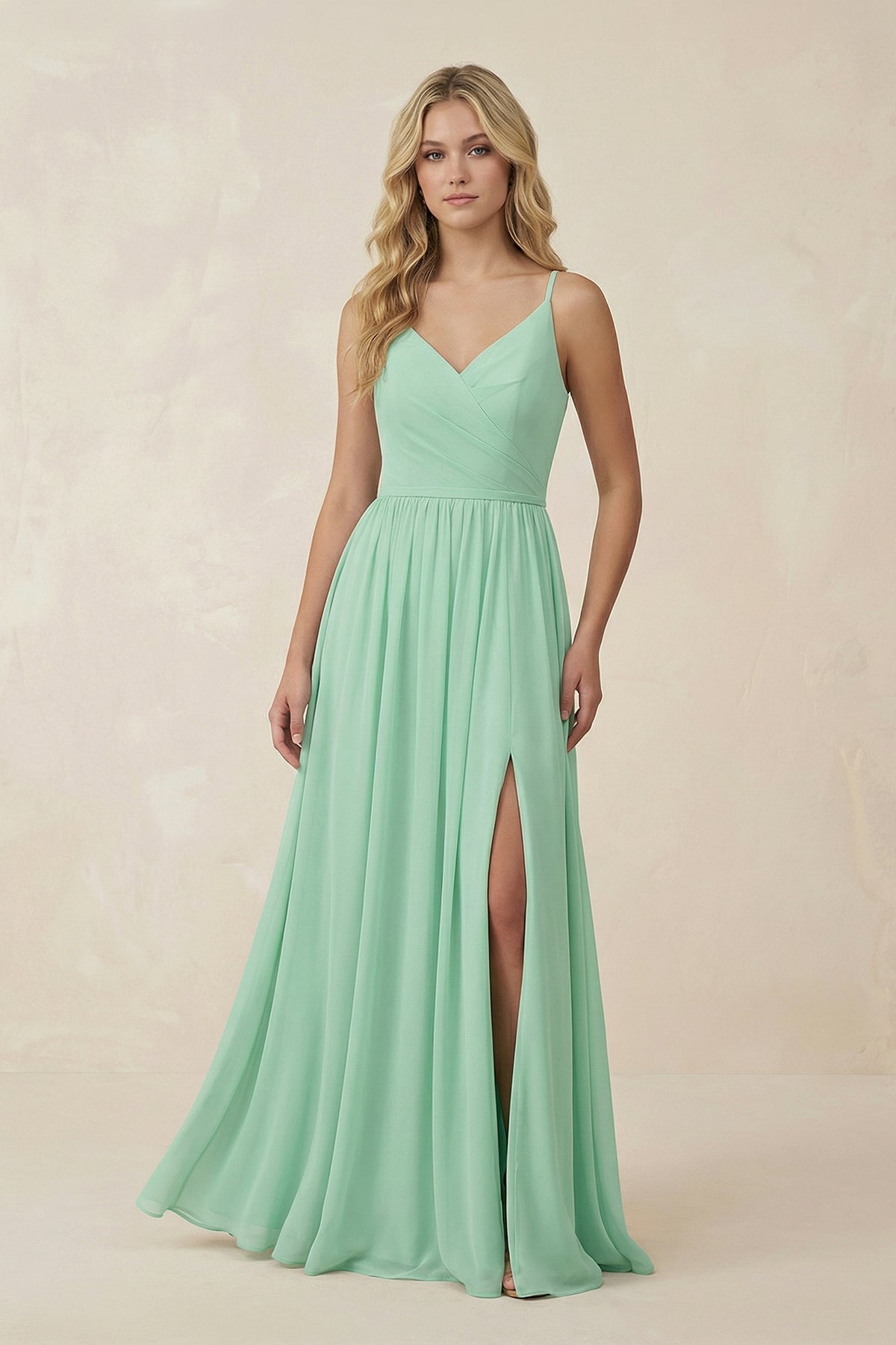 V-Neck Spaghetti Strap A-Line Chiffon Bridesmaid Dress in Pale Pistachio