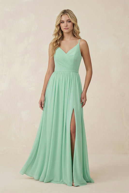 V-Neck Spaghetti Strap A-Line Chiffon Bridesmaid Dress in Pale Pistachio