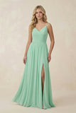 V-Neck Spaghetti Strap A-Line Chiffon Bridesmaid Dress in Pale Pistachio