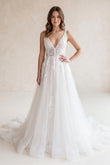 Ivory A-Line Deep V-Neck Backless Long Wedding Dress with Lace