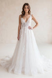 Ivory A-Line Deep V-Neck Backless Long Wedding Dress with Lace