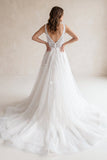 Ivory A-Line Deep V-Neck Backless Long Wedding Dress with Lace