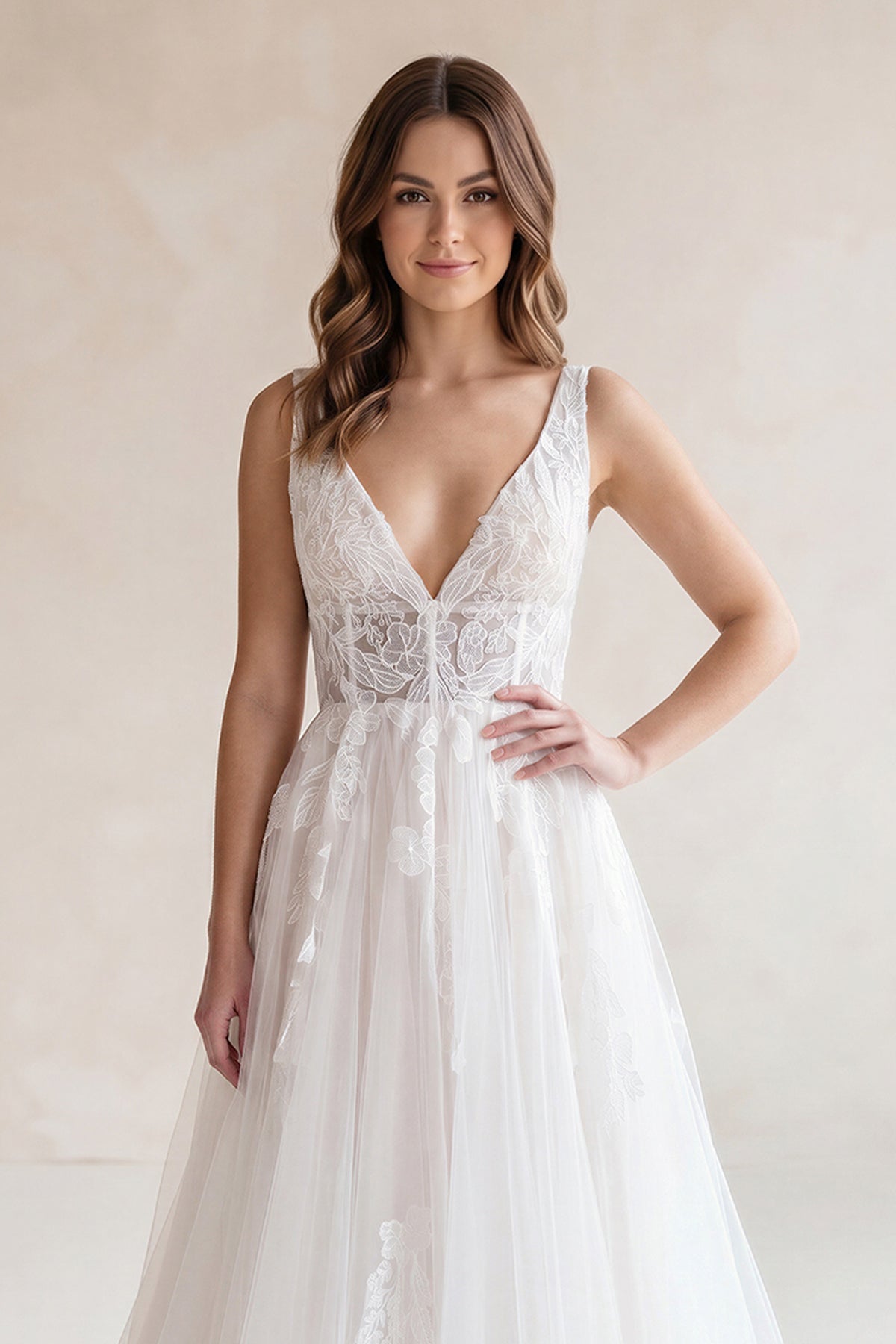 Ivory A-Line Deep V-Neck Backless Long Wedding Dress with Lace