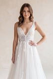 Ivory A-Line Deep V-Neck Backless Long Wedding Dress with Lace