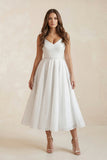 V-Neck Tulle A-Line Ruched Wedding Dress in White