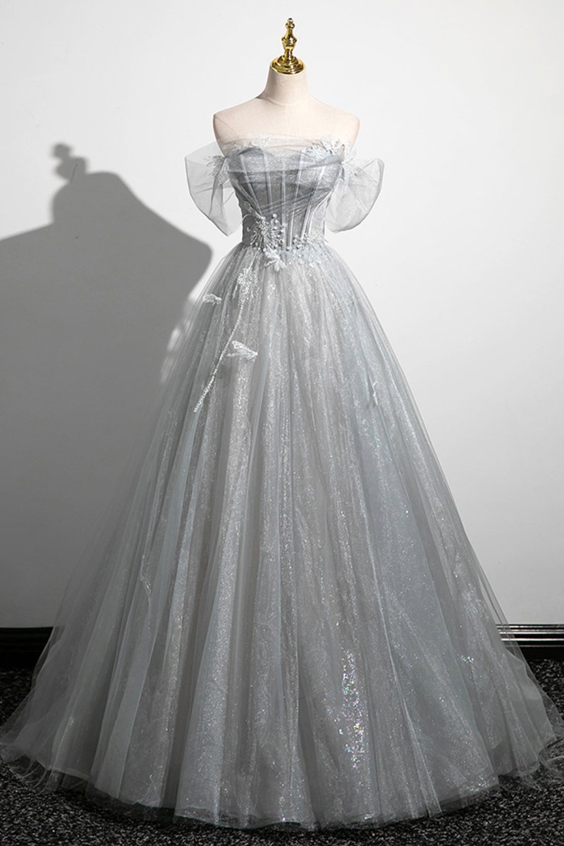 Gray A-Line Off the Shoulder Tulle Prom Dress. Lovely Corset Floor Length Party Dress