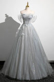 Gray A-Line Off the Shoulder Tulle Prom Dress. Lovely Corset Floor Length Party Dress