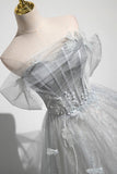 Gray A-Line Off the Shoulder Tulle Prom Dress. Lovely Corset Floor Length Party Dress