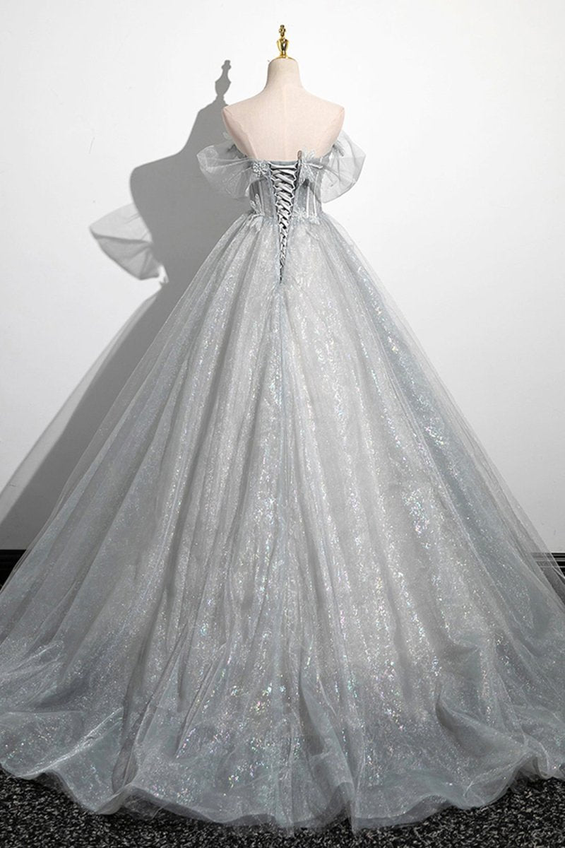 Gray A-Line Off the Shoulder Tulle Prom Dress. Lovely Corset Floor Length Party Dress