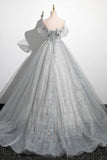 Gray A-Line Off the Shoulder Tulle Prom Dress. Lovely Corset Floor Length Party Dress