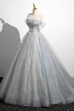 Gray A-Line Off the Shoulder Tulle Prom Dress. Lovely Corset Floor Length Party Dress