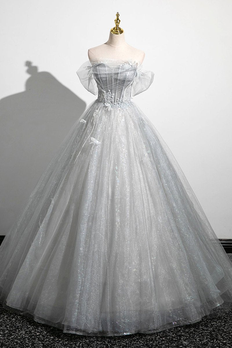 Gray A-Line Off the Shoulder Tulle Prom Dress. Lovely Corset Floor Length Party Dress