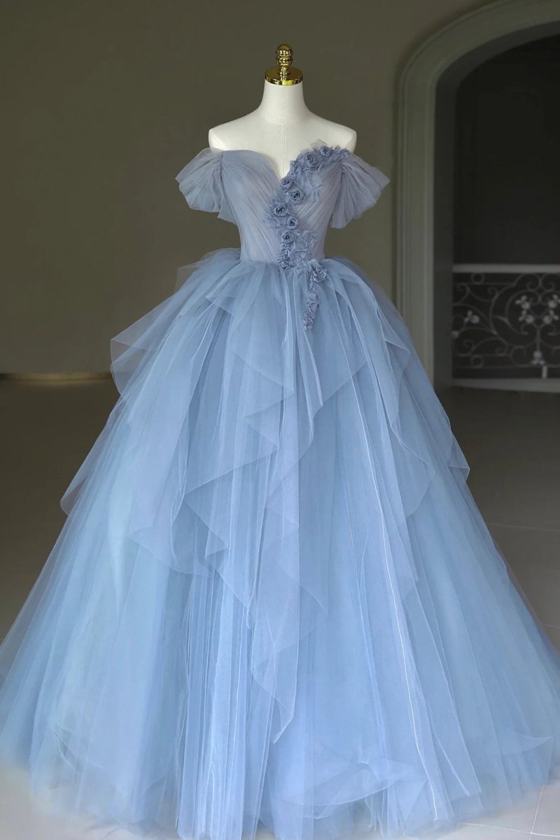 Blue Tulle Floor Length Prom Dress. Off the Shoulder Evening Dress with 3D Flowers
