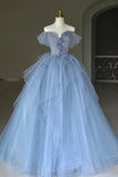 Blue Tulle Floor Length Prom Dress. Off the Shoulder Evening Dress with 3D Flowers