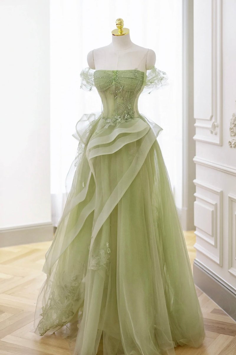 Green Tulle Lace Long Prom Dress with Corset. Green Formal Party Dress