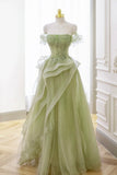 Green Tulle Lace Long Prom Dress with Corset. Green Formal Party Dress