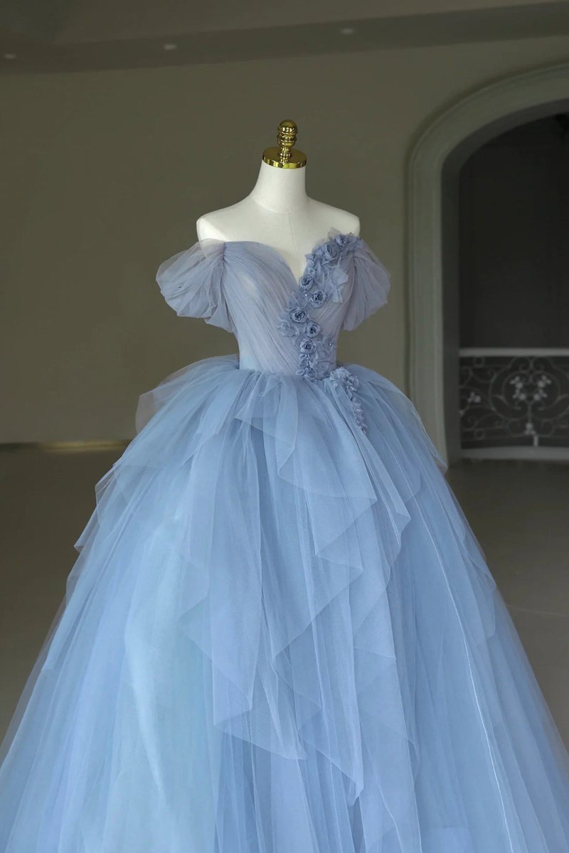 Blue Tulle Floor Length Prom Dress. Off the Shoulder Evening Dress with 3D Flowers
