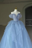 Blue Tulle Floor Length Prom Dress. Off the Shoulder Evening Dress with 3D Flowers