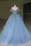 Blue Tulle Floor Length Prom Dress. Off the Shoulder Evening Dress with 3D Flowers
