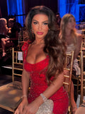 Red - Scoop Neck Bodycon Beaded Mini Party Dresses With Bow