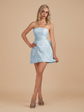 Sky Blue Strapless Jacquard A Line Homecoming Dress With Bowknot
