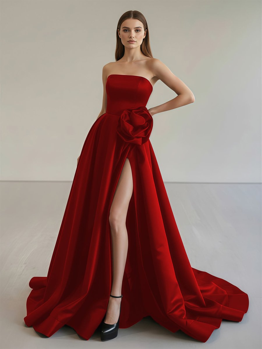 Black Strapless Satin Long Prom Dress With High Split