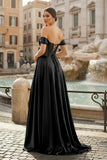 Sage Off The Shoulder A Line Satin Beaded Prom Dresses With Slit