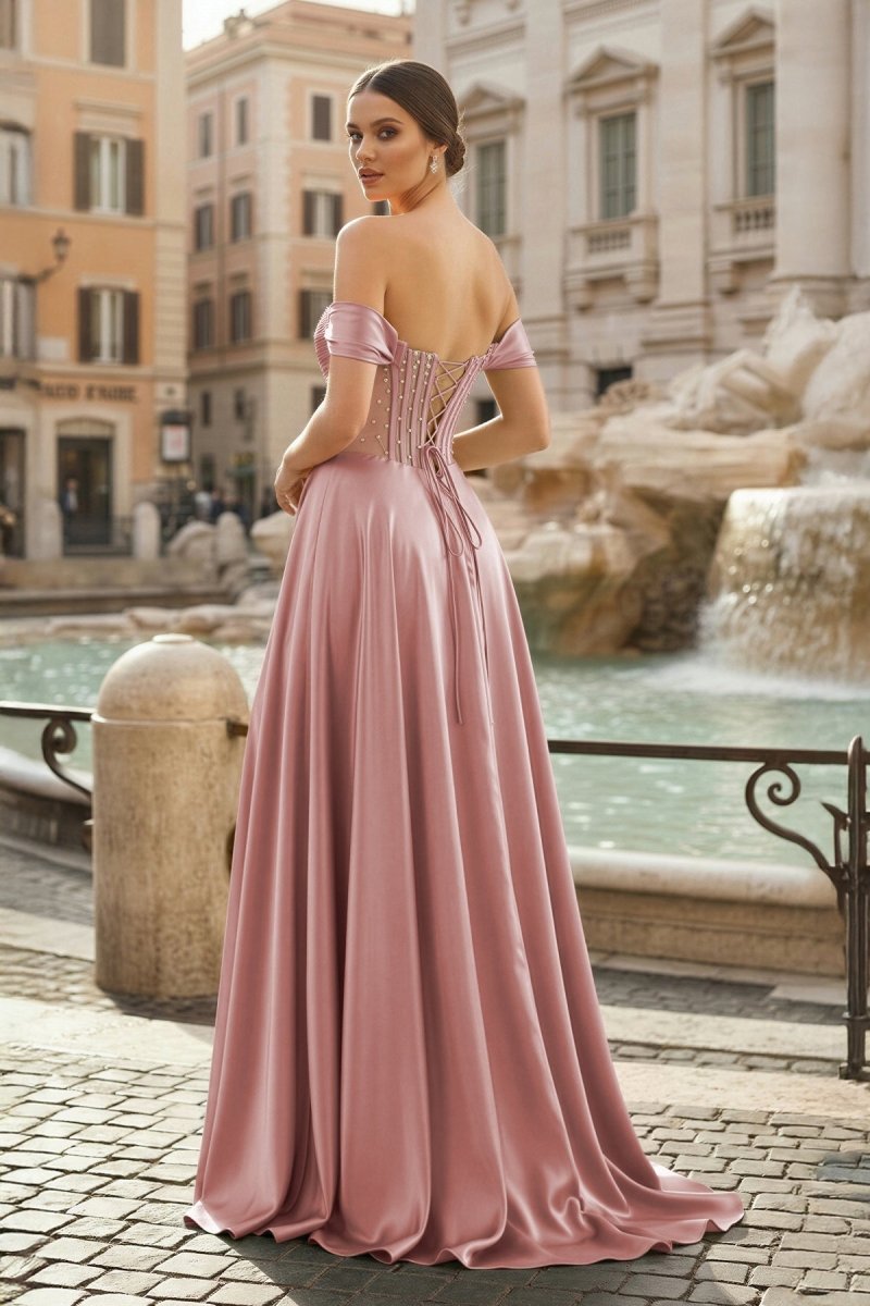 Sage Off The Shoulder A Line Satin Beaded Prom Dresses With Slit