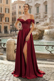 Sage Off The Shoulder A Line Satin Beaded Prom Dresses With Slit