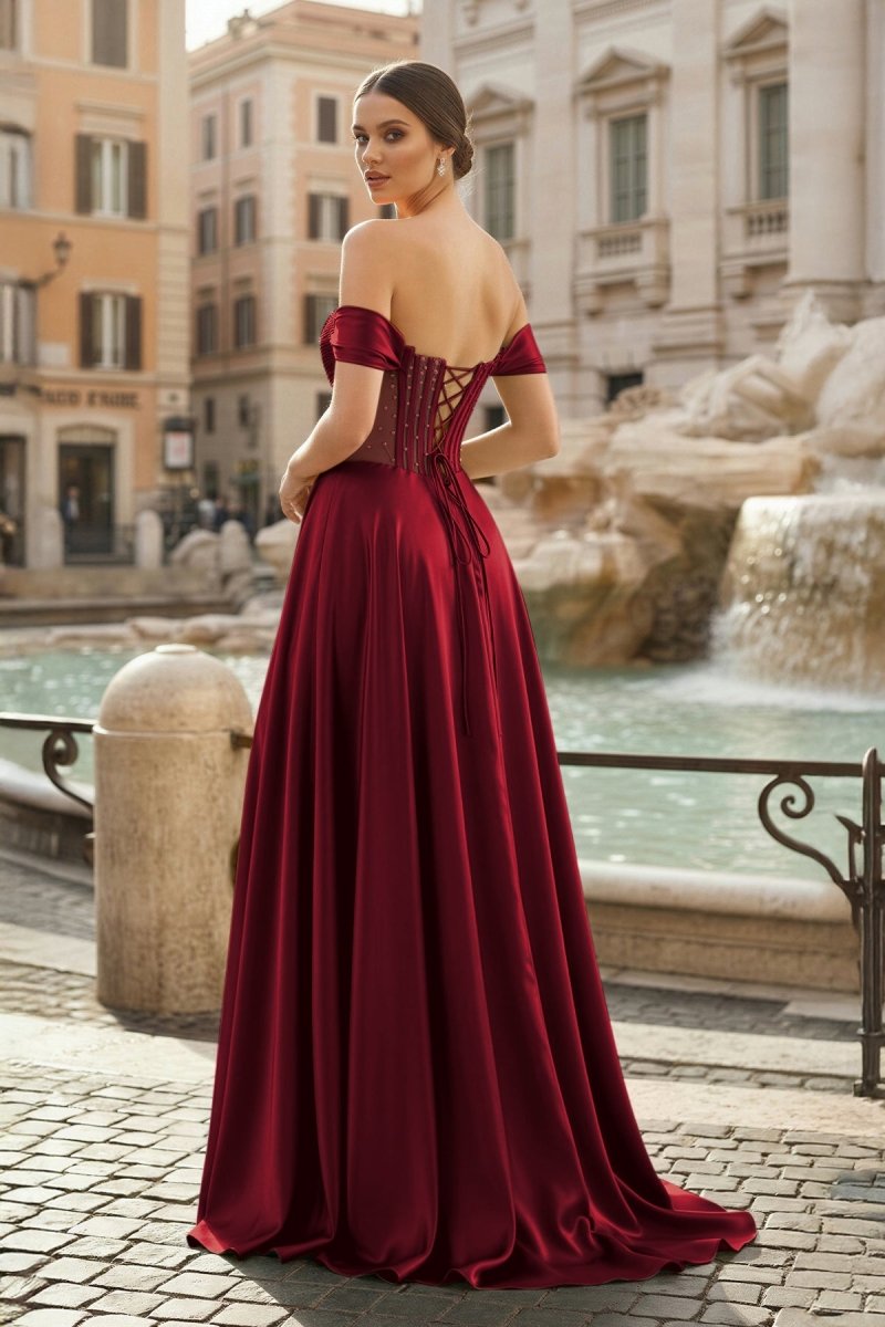 Sage Off The Shoulder A Line Satin Beaded Prom Dresses With Slit