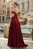 Sage Off The Shoulder A Line Satin Beaded Prom Dresses With Slit