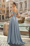 Sage Off The Shoulder A Line Satin Beaded Prom Dresses With Slit