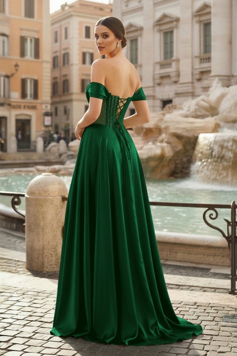 Sage Off The Shoulder A Line Satin Beaded Prom Dresses With Slit