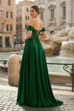 Sage Off The Shoulder A Line Satin Beaded Prom Dresses With Slit