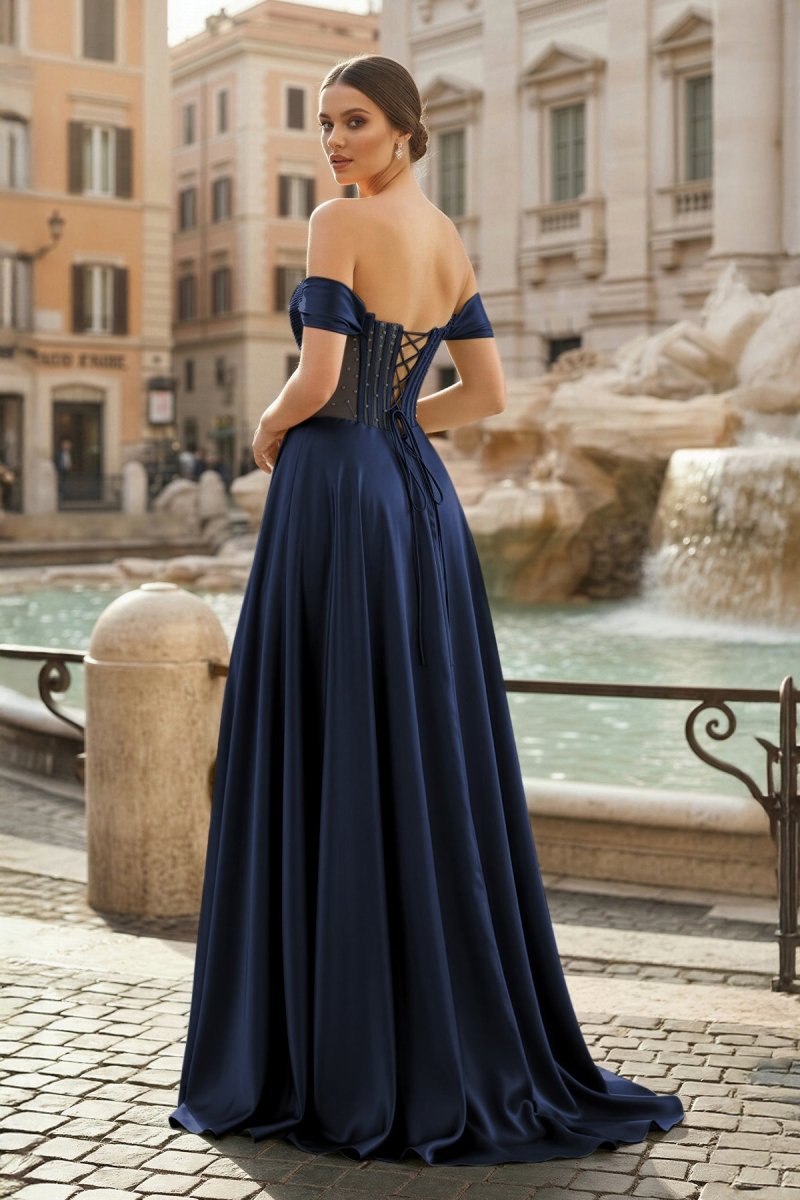Sage Off The Shoulder A Line Satin Beaded Prom Dresses With Slit