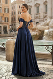Sage Off The Shoulder A Line Satin Beaded Prom Dresses With Slit