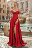 Sage Off The Shoulder A Line Satin Beaded Prom Dresses With Slit