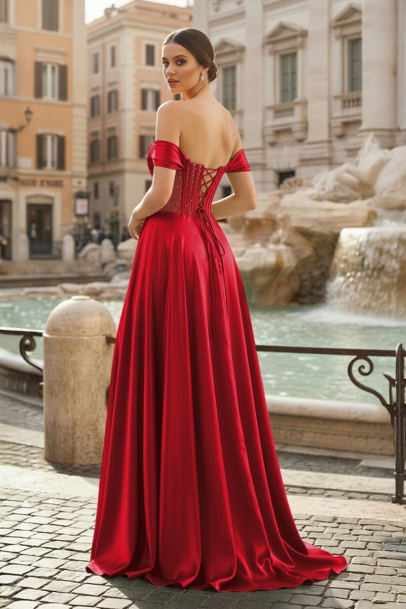 Sage Off The Shoulder A Line Satin Beaded Prom Dresses With Slit