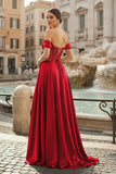 Sage Off The Shoulder A Line Satin Beaded Prom Dresses With Slit