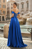 Sage Off The Shoulder A Line Satin Beaded Prom Dresses With Slit