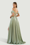 Sage Off The Shoulder A Line Satin Beaded Prom Dresses With Slit