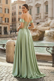 Sage Off The Shoulder A Line Satin Beaded Prom Dresses With Slit