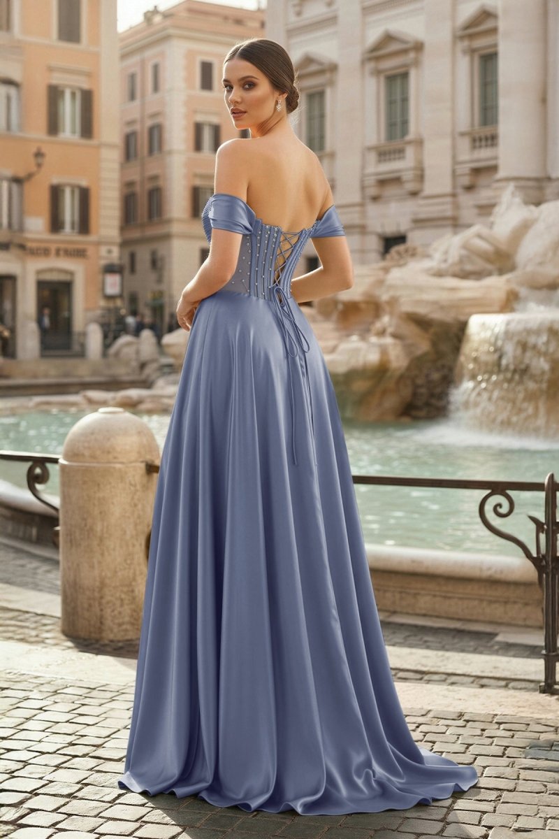 Sage Off The Shoulder A Line Satin Beaded Prom Dresses With Slit