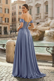 Sage Off The Shoulder A Line Satin Beaded Prom Dresses With Slit