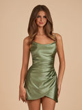 Navy Blue Sheath Spaghetti Straps Pleated Satin Short Homecoming Dress