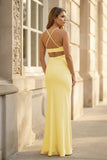 Champagne Spaghetti Straps Mermaid Satin Long Formal Dress