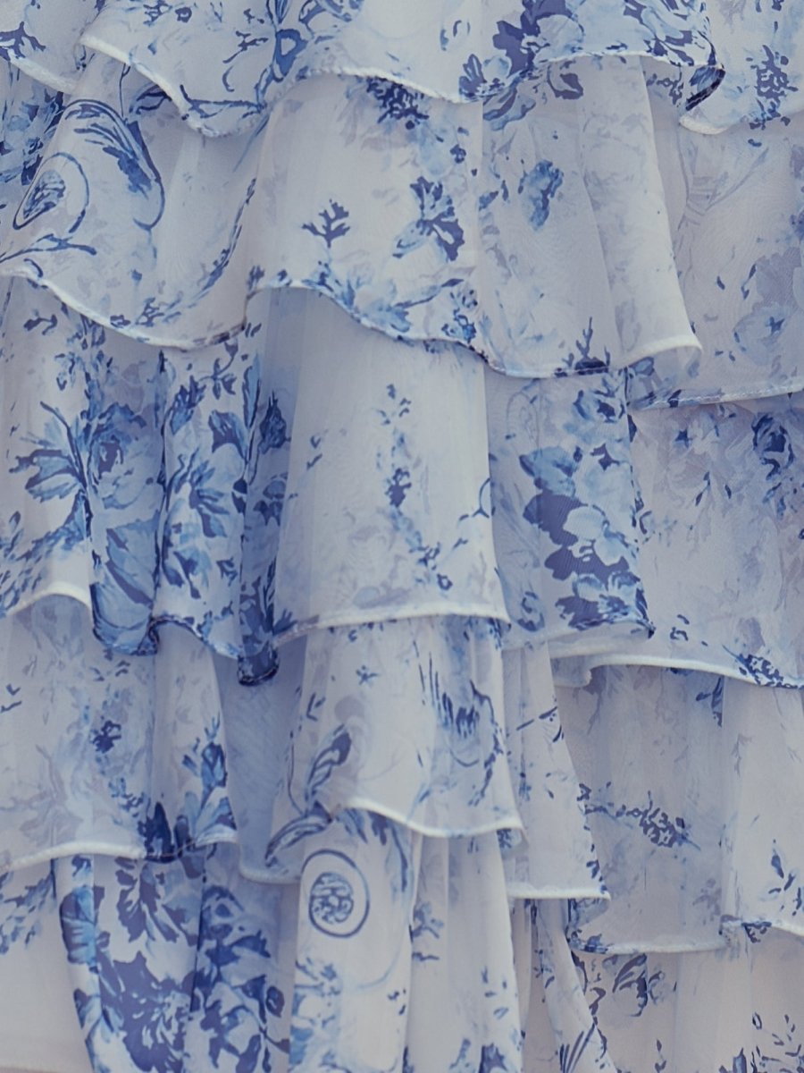Blue A-line Sweetheart Floral Printed Chiffon Ruffles Short Homecoming Dresses